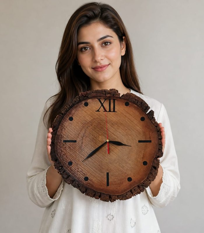 client hold wood clock hand made