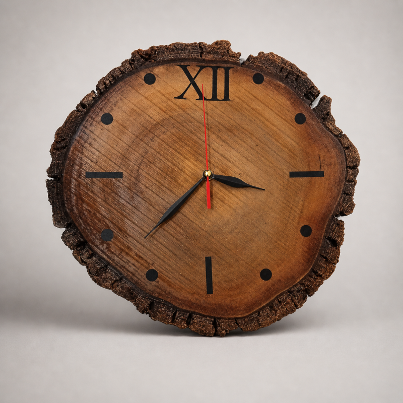 hand made wood clock with bark